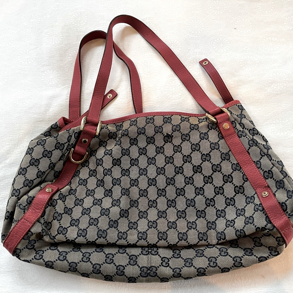 Gucci Red Leather Trim Monogram Bag